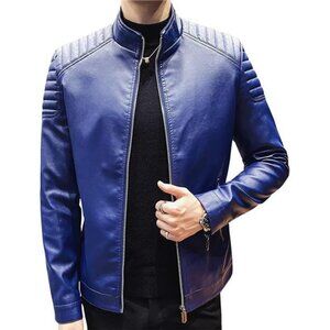 Mens Casual Stand Collar Slim Fit Faux Leather Jacket Biker Motorcycle Jacket